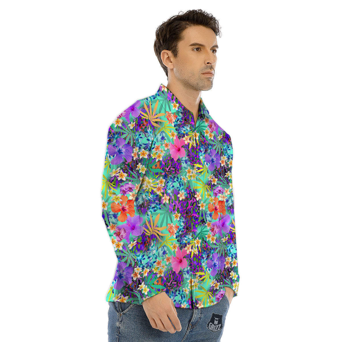 Tropical Neon Hibiscus Print Pattern Men's Dress Shirts-grizzshop