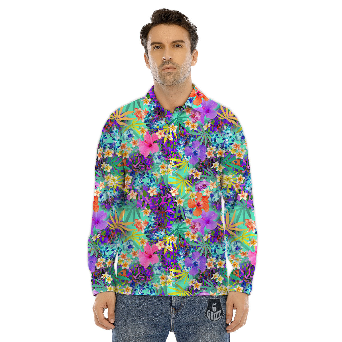 Tropical Neon Hibiscus Print Pattern Men's Dress Shirts-grizzshop