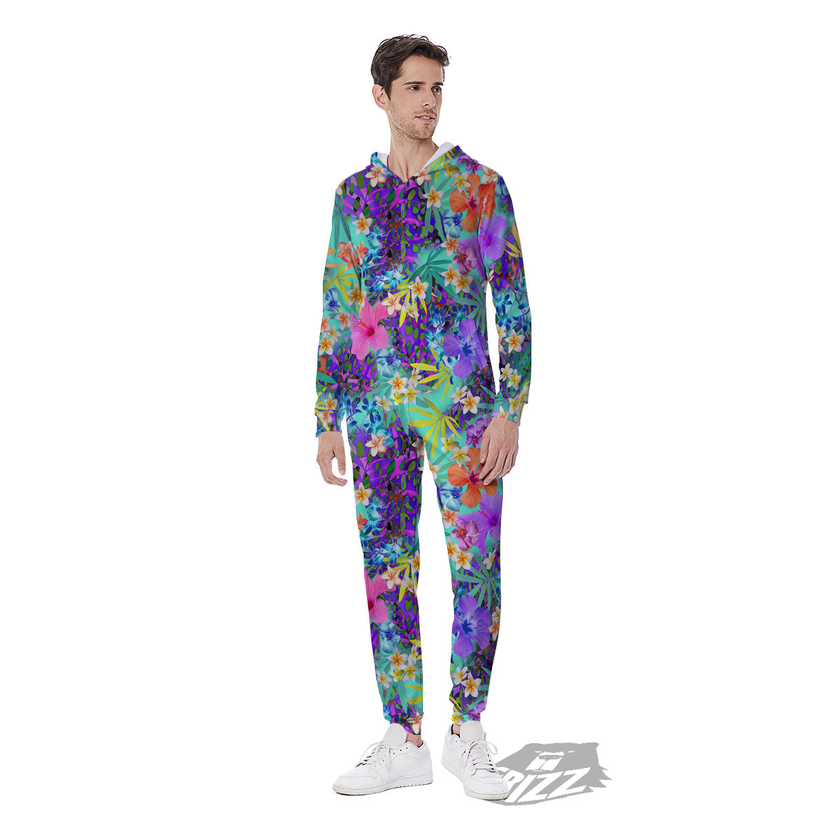 Tropical Neon Hibiscus Print Pattern Men's Jumpsuit-grizzshop