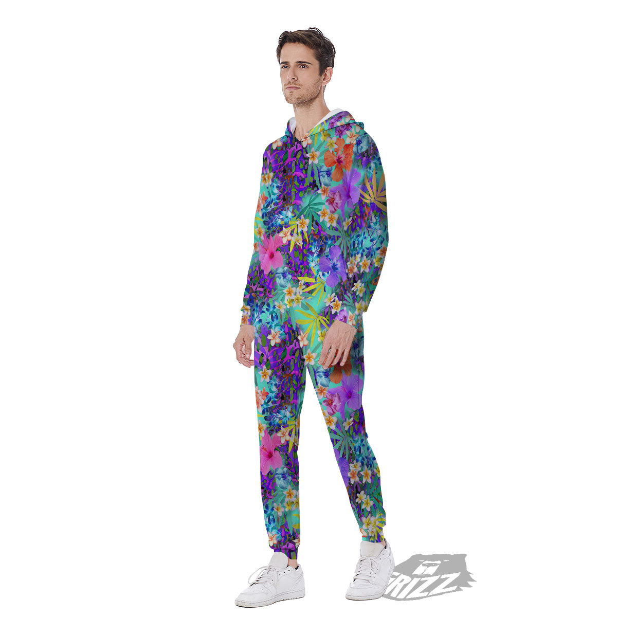 Tropical Neon Hibiscus Print Pattern Men's Jumpsuit-grizzshop