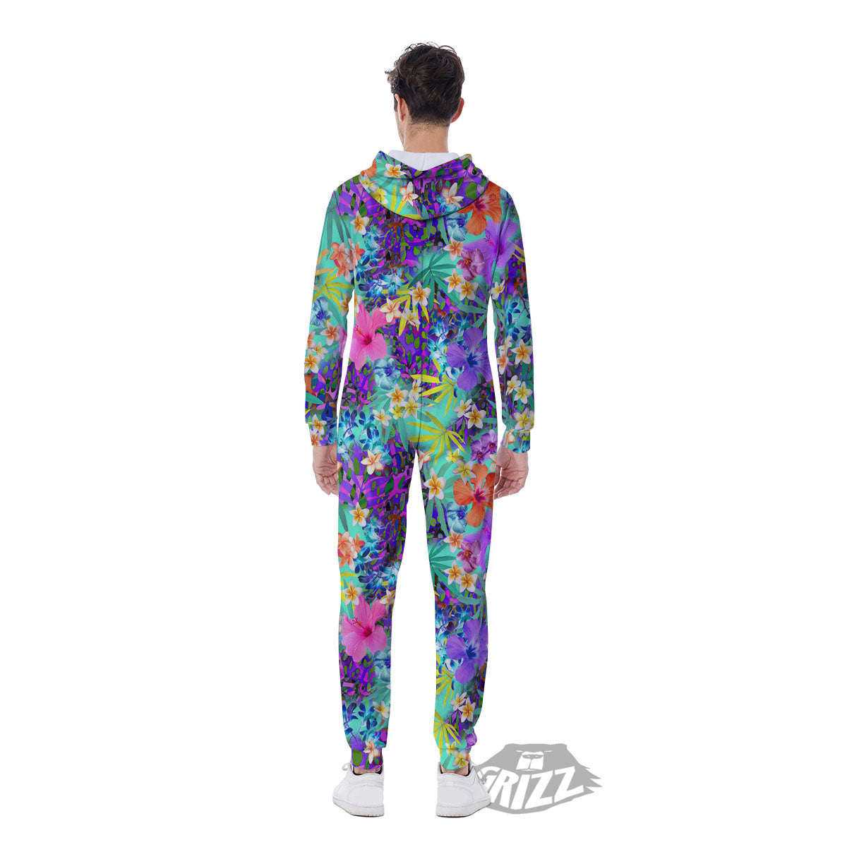 Tropical Neon Hibiscus Print Pattern Men's Jumpsuit-grizzshop