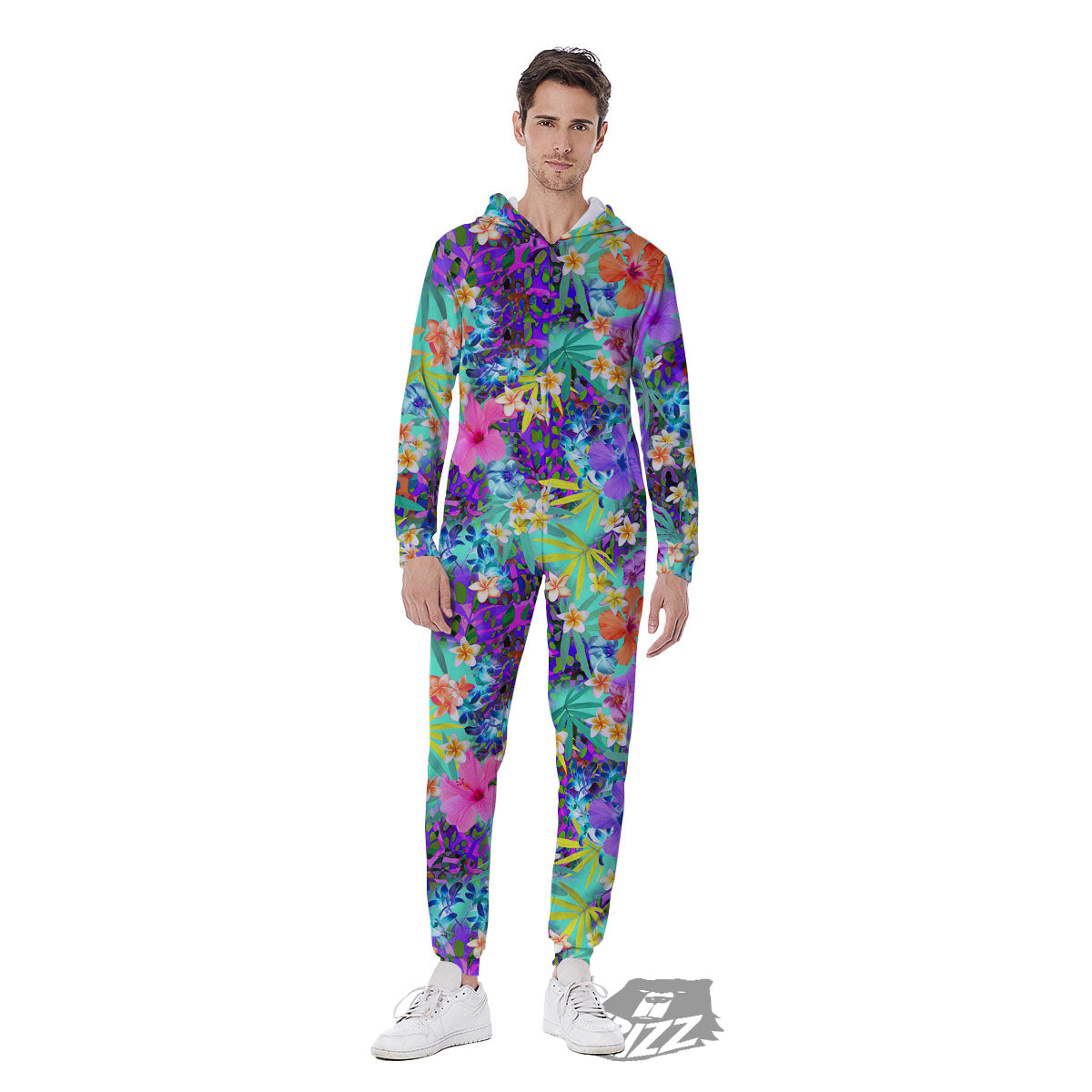 Tropical Neon Hibiscus Print Pattern Men's Jumpsuit-grizzshop