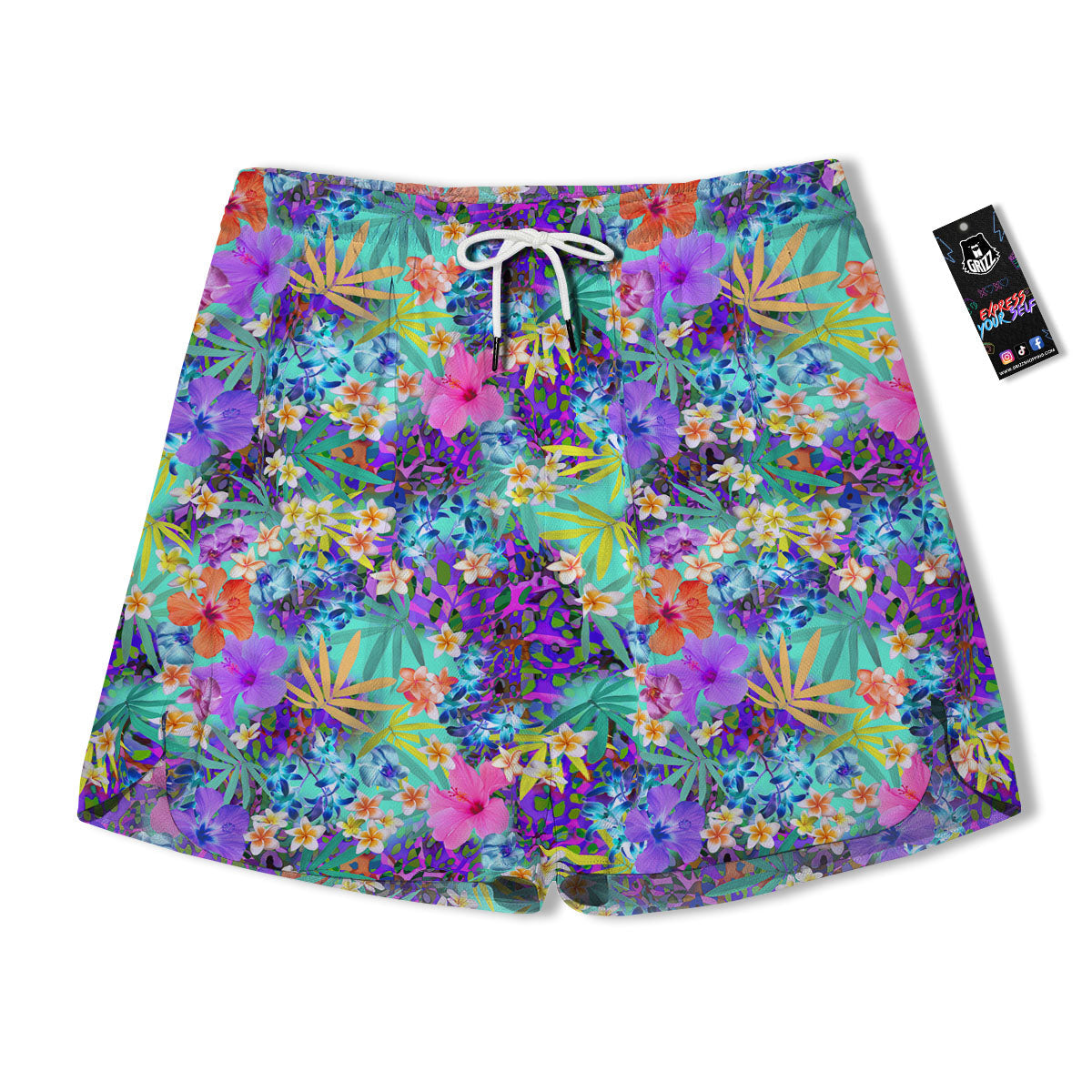 Tropical Neon Hibiscus Print Pattern Men's Running Shorts-grizzshop