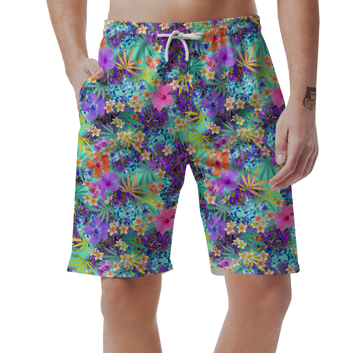 Tropical Neon Hibiscus Print Pattern Men's Shorts-grizzshop