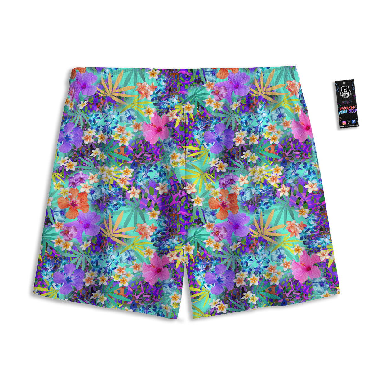 Tropical Neon Hibiscus Print Pattern Mesh Shorts
