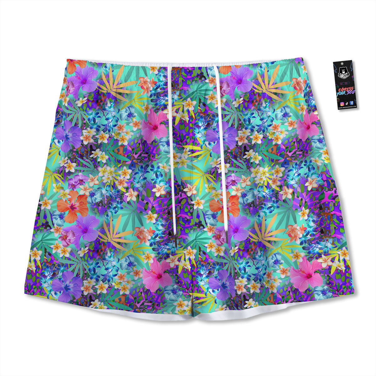 Tropical Neon Hibiscus Print Pattern Mesh Shorts