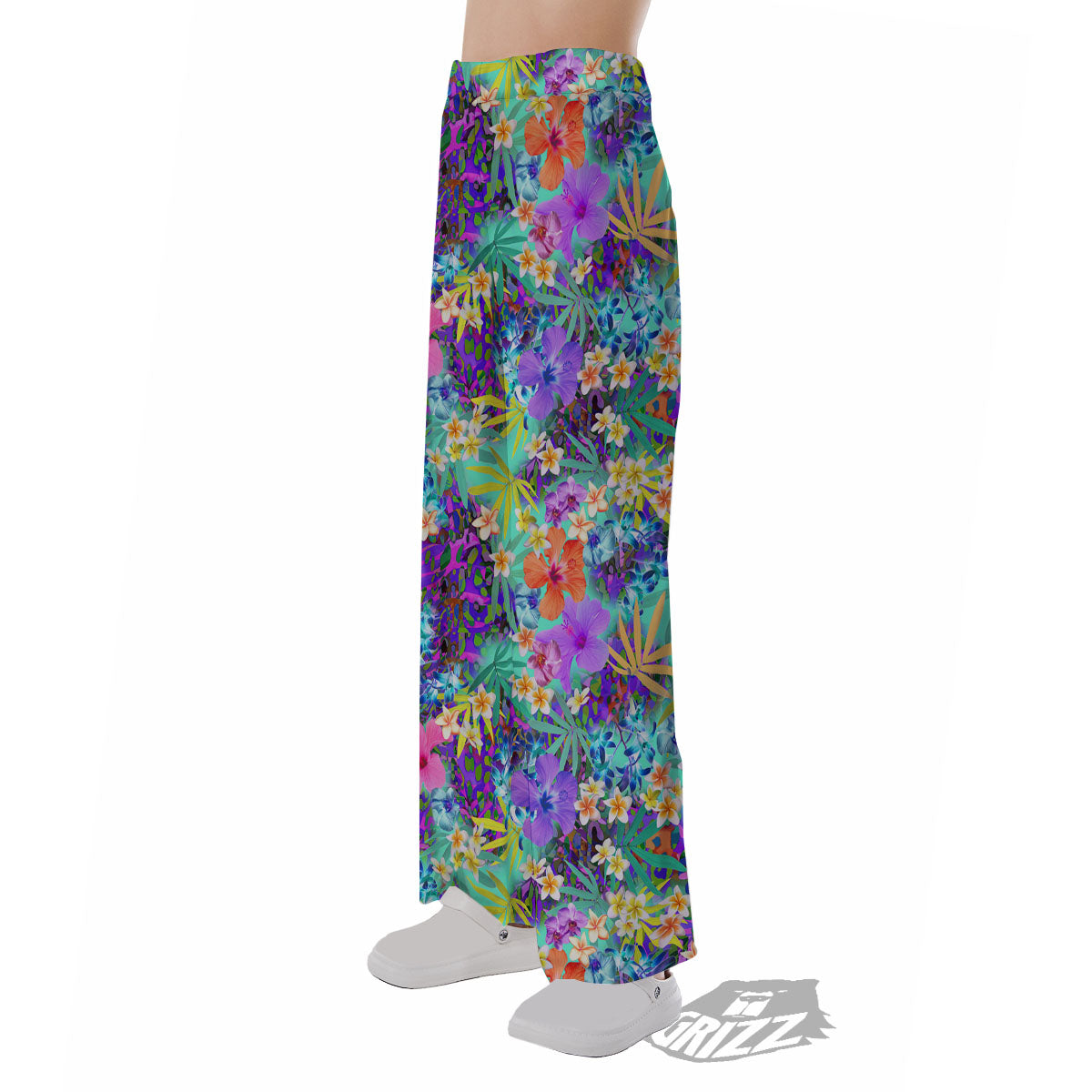 Tropical Neon Hibiscus Print Pattern Pajama Pants-grizzshop