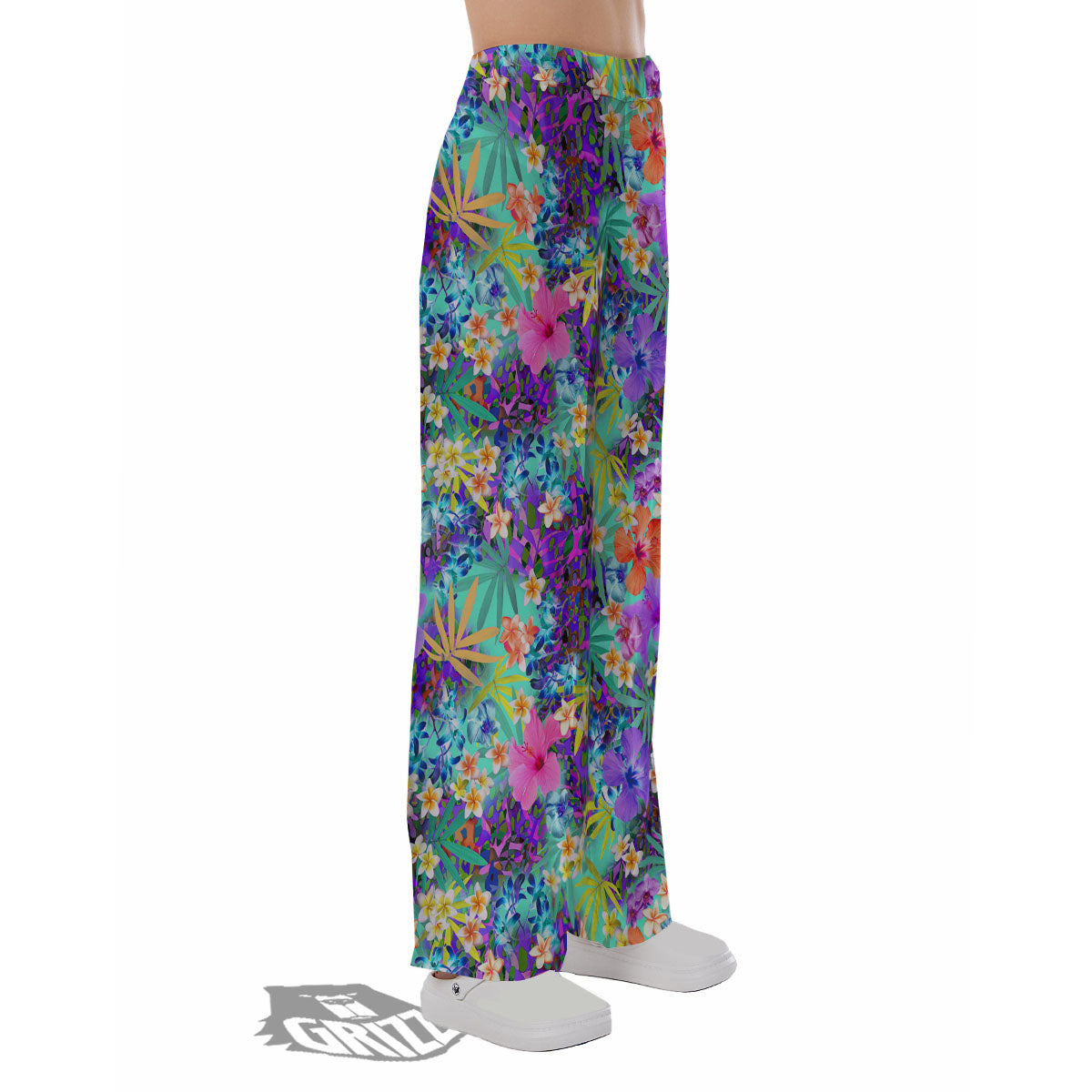 Tropical Neon Hibiscus Print Pattern Pajama Pants-grizzshop