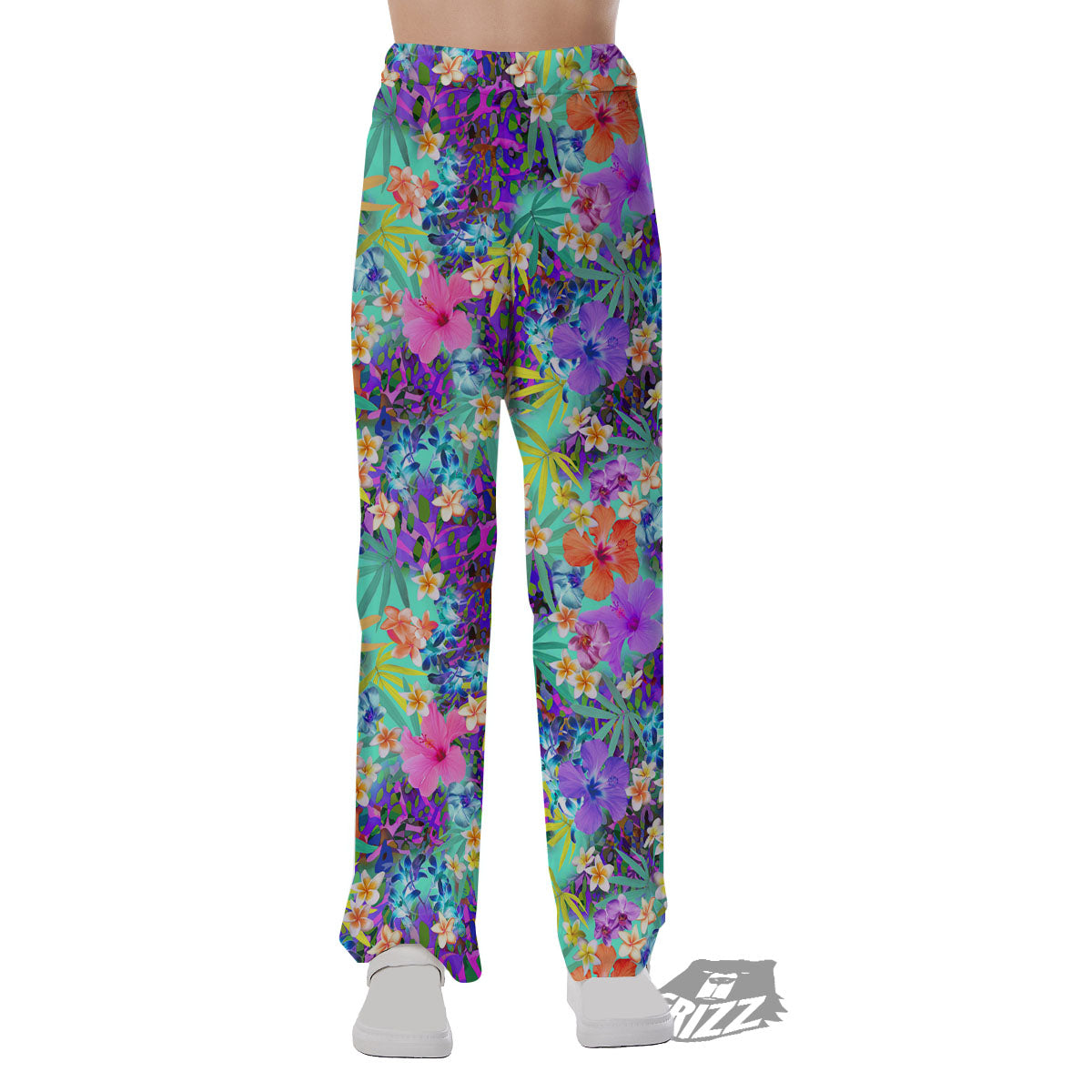 Tropical Neon Hibiscus Print Pattern Pajama Pants-grizzshop