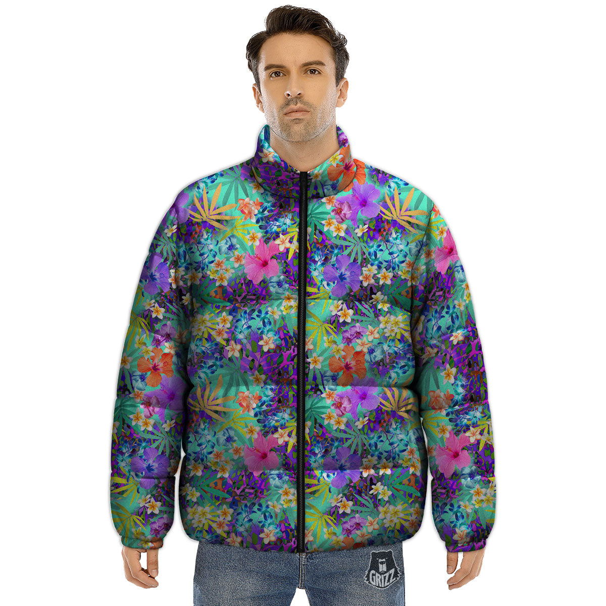 Tropical Neon Hibiscus Print Pattern Puffer Jacket-grizzshop