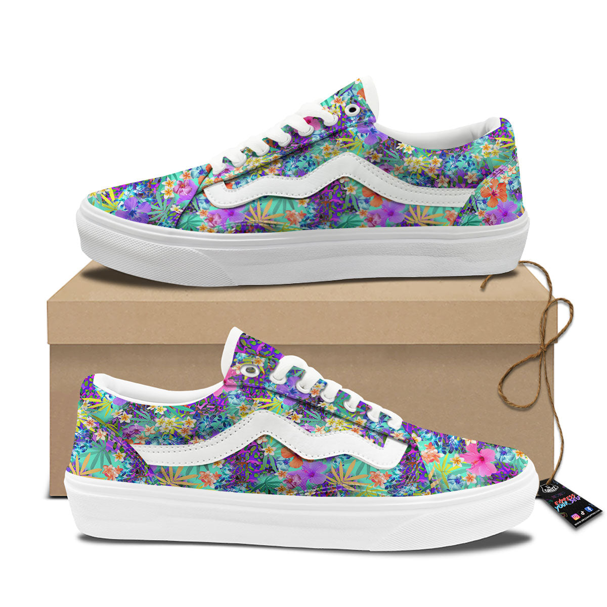 Tropical Neon Hibiscus Print Pattern Skate Shoes-grizzshop