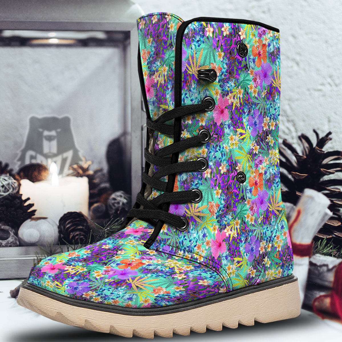 Tropical Neon Hibiscus Print Pattern Snow Boots-grizzshop
