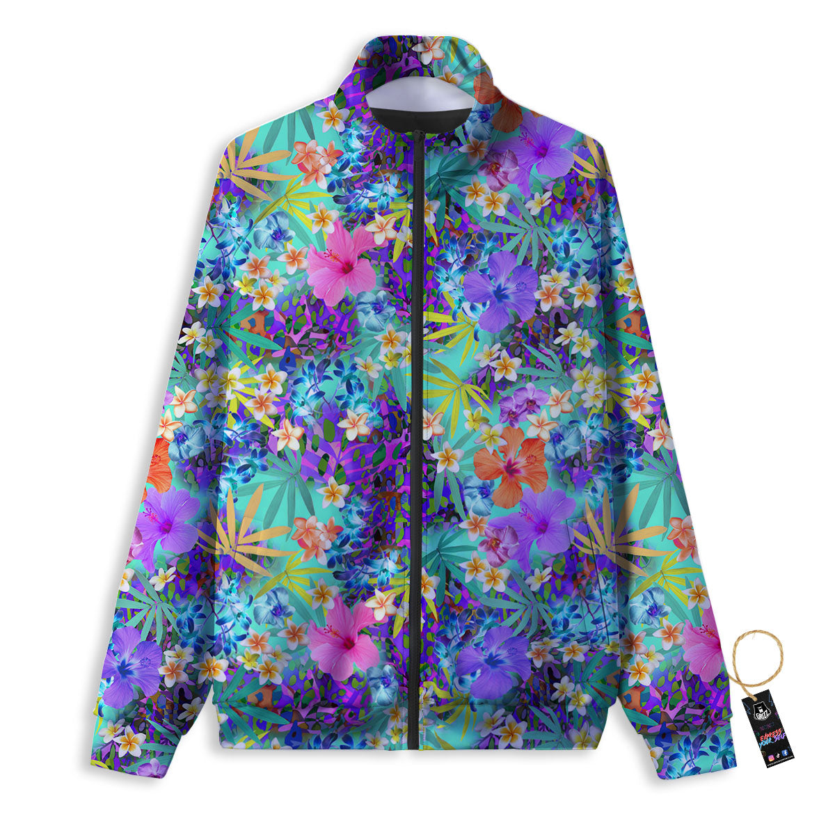 Tropical Neon Hibiscus Print Pattern Track Jacket-grizzshop