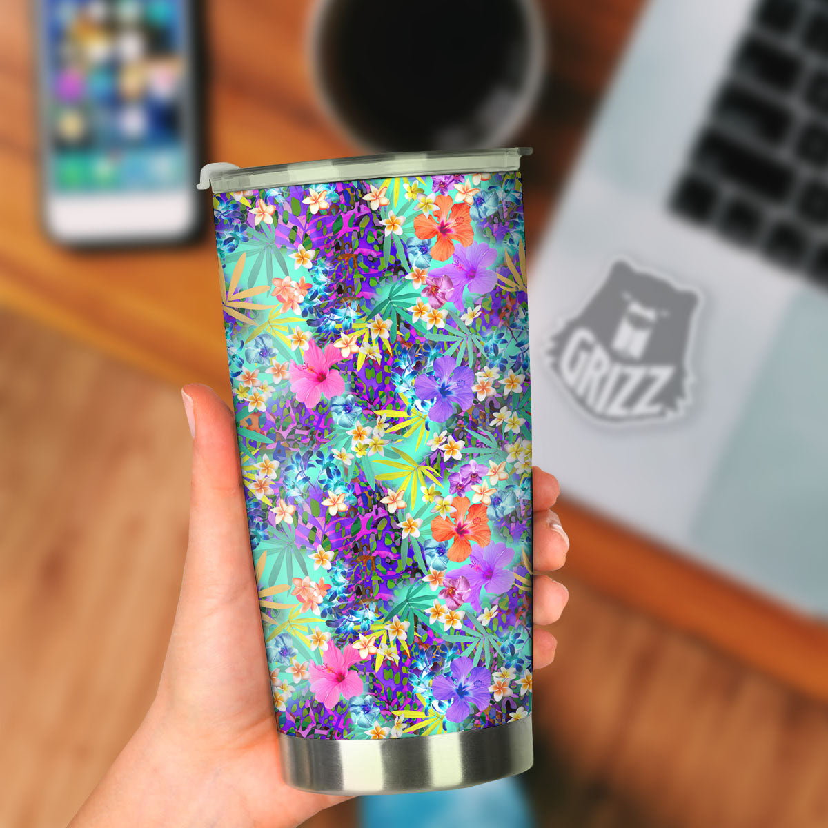 Tropical Neon Hibiscus Print Pattern Tumbler-grizzshop