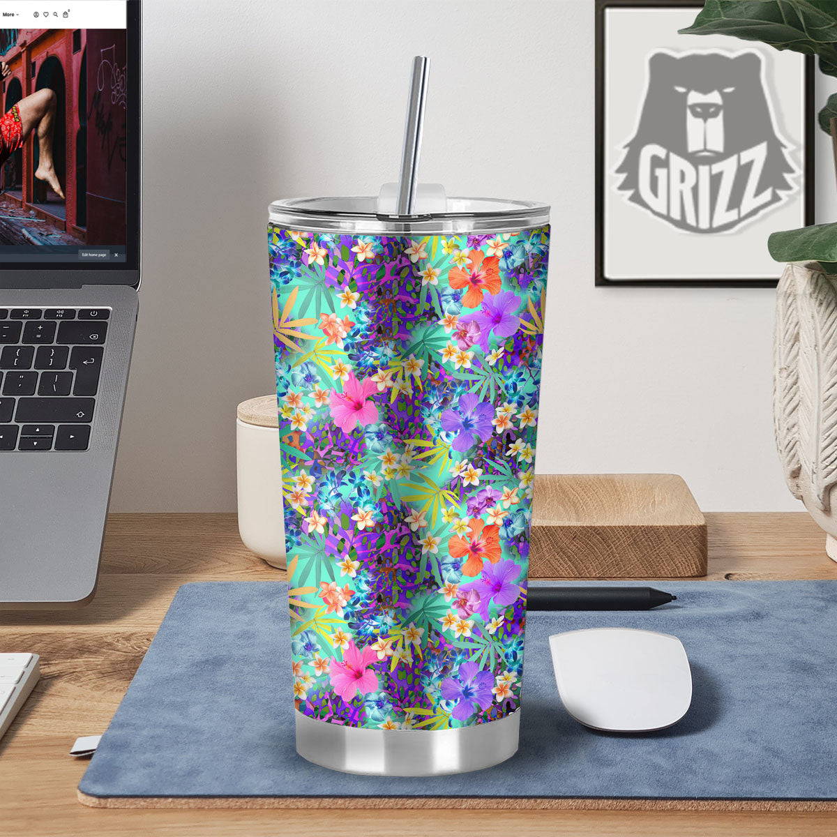 Tropical Neon Hibiscus Print Pattern Tumbler-grizzshop