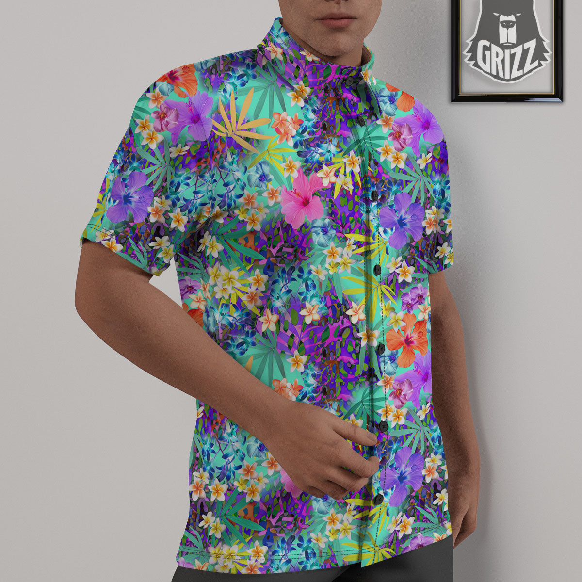 Tropical Neon Hibiscus Print Pattern Untucked Shirts-grizzshop
