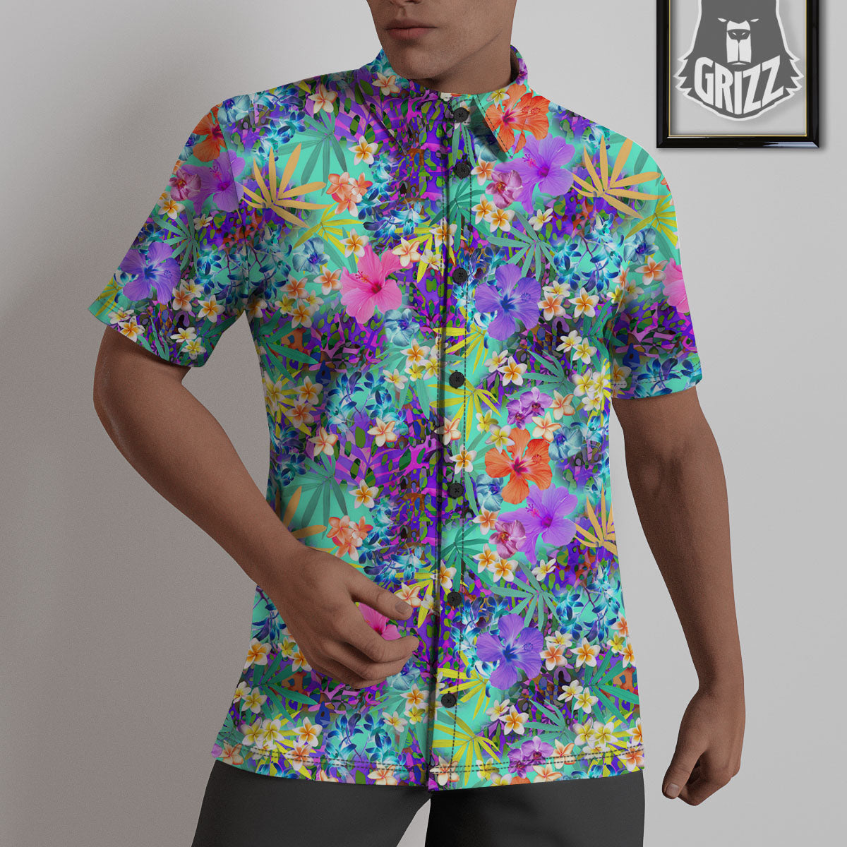 Tropical Neon Hibiscus Print Pattern Untucked Shirts-grizzshop