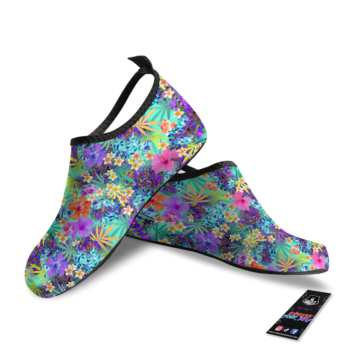 Tropical Neon Hibiscus Print Pattern Water Shoes-grizzshop