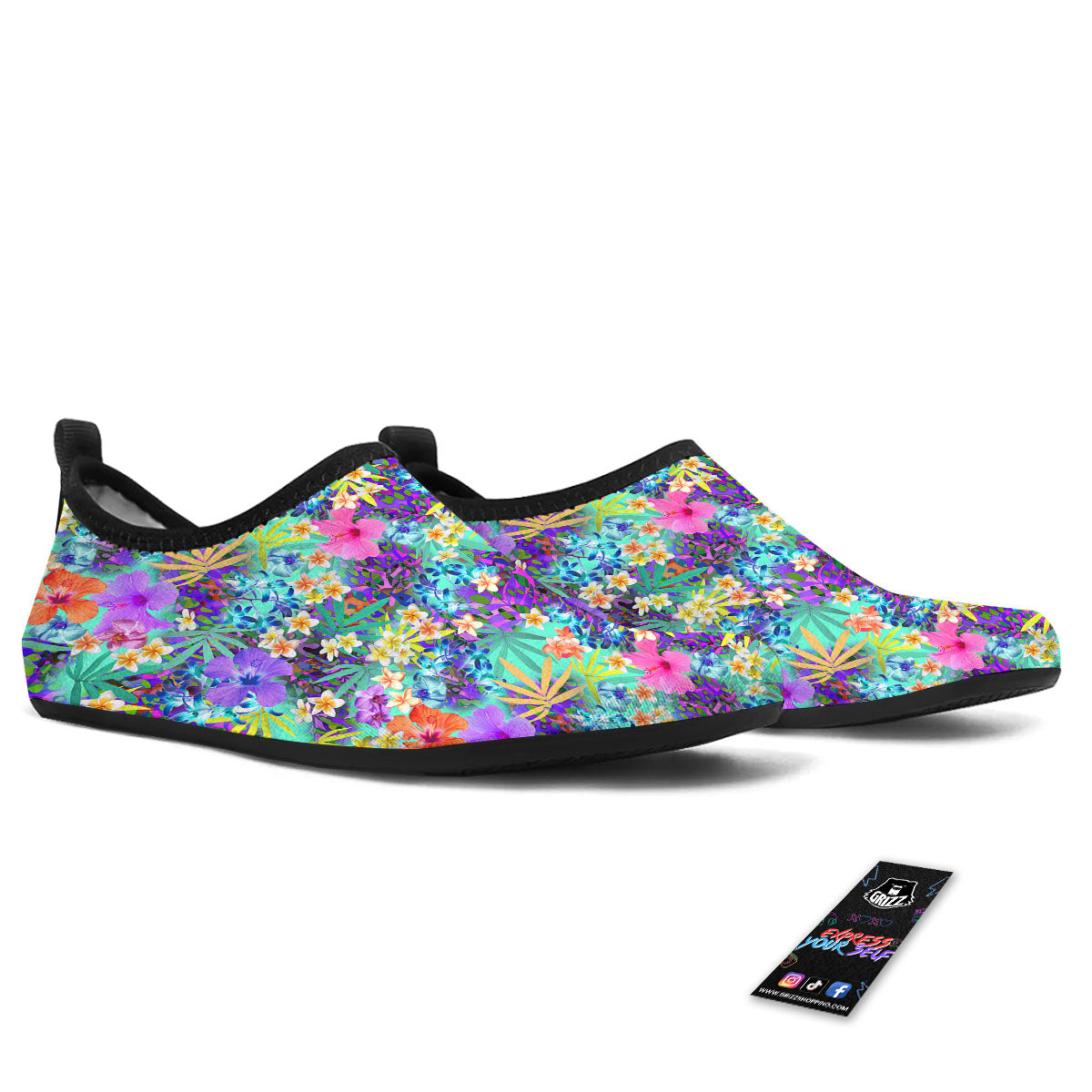 Tropical Neon Hibiscus Print Pattern Water Shoes-grizzshop