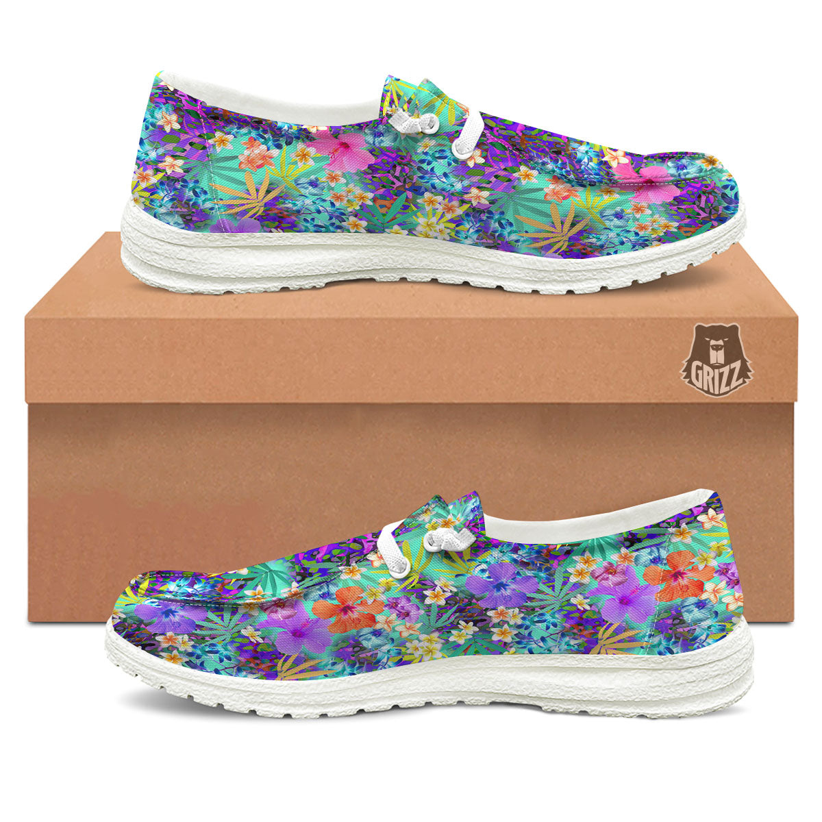Tropical Neon Hibiscus Print Pattern White Loafers-grizzshop