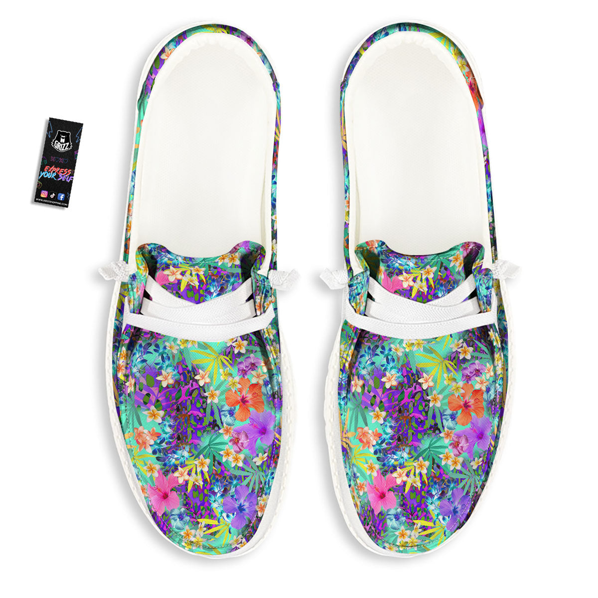 Tropical Neon Hibiscus Print Pattern White Loafers-grizzshop