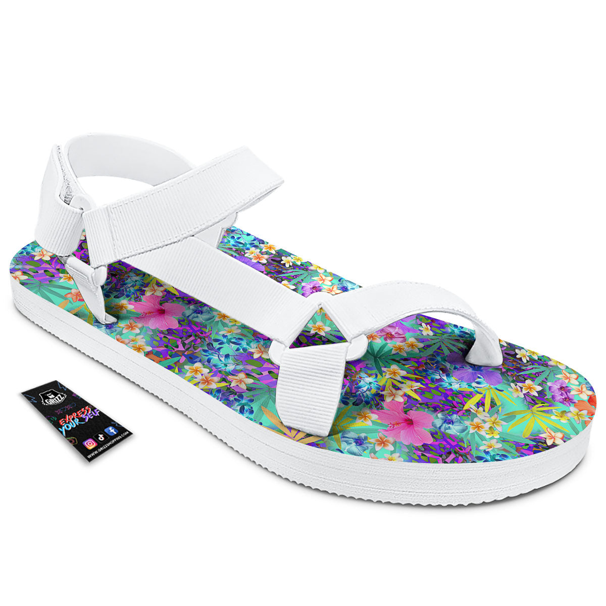 Tropical Neon Hibiscus Print Pattern White Open Toe Sandals-grizzshop