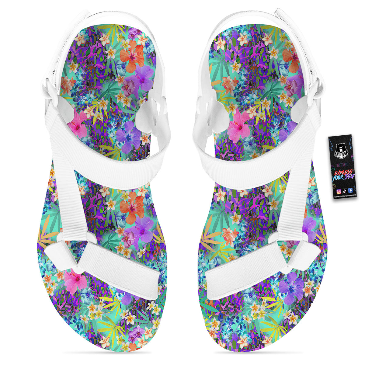Tropical Neon Hibiscus Print Pattern White Open Toe Sandals-grizzshop
