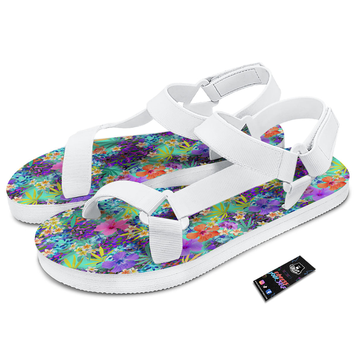 Tropical Neon Hibiscus Print Pattern White Open Toe Sandals-grizzshop
