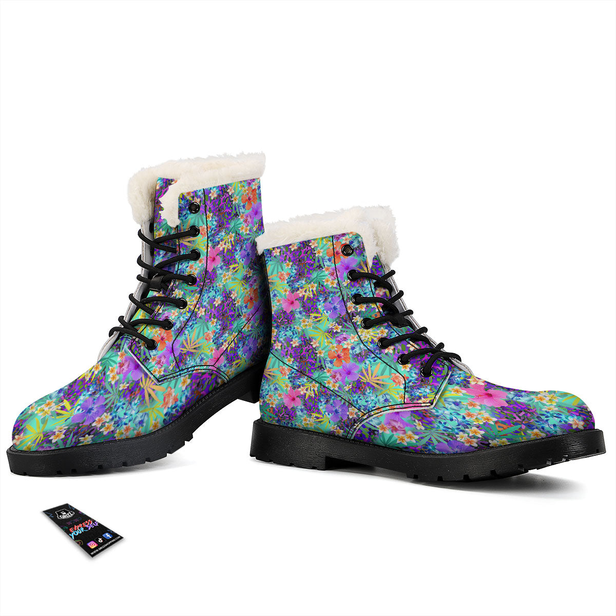 Tropical Neon Hibiscus Print Pattern Winter Boots-grizzshop