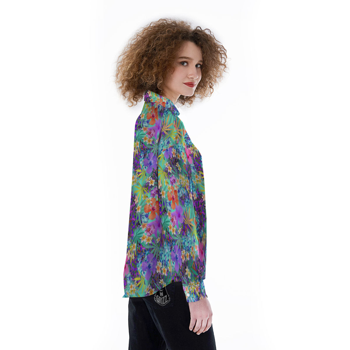 Tropical Neon Hibiscus Print Pattern Women's Long Sleeve Shirts-grizzshop