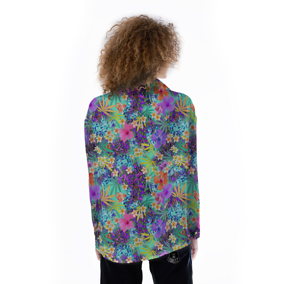 Tropical Neon Hibiscus Print Pattern Women's Long Sleeve Shirts-grizzshop