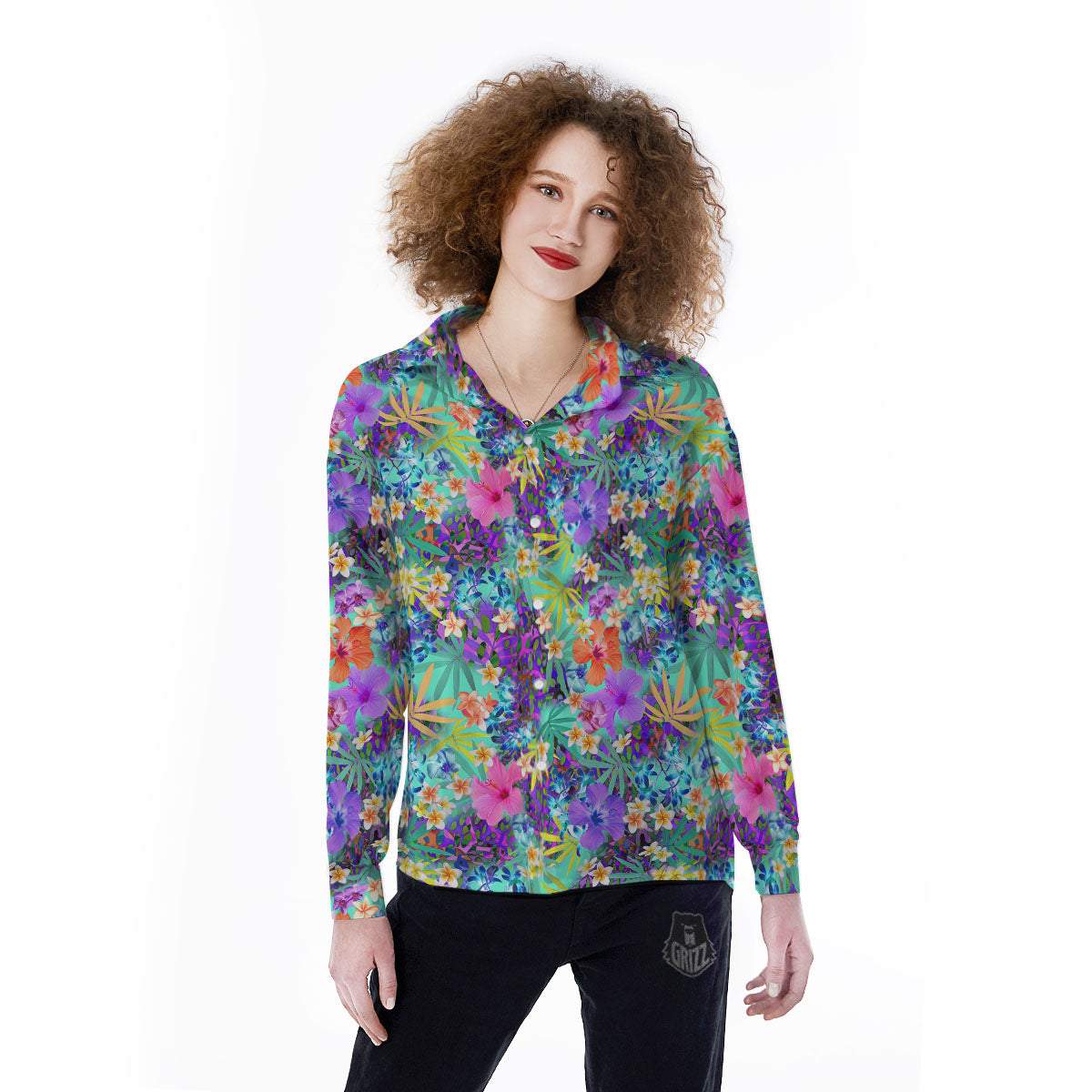 Tropical Neon Hibiscus Print Pattern Women's Long Sleeve Shirts-grizzshop