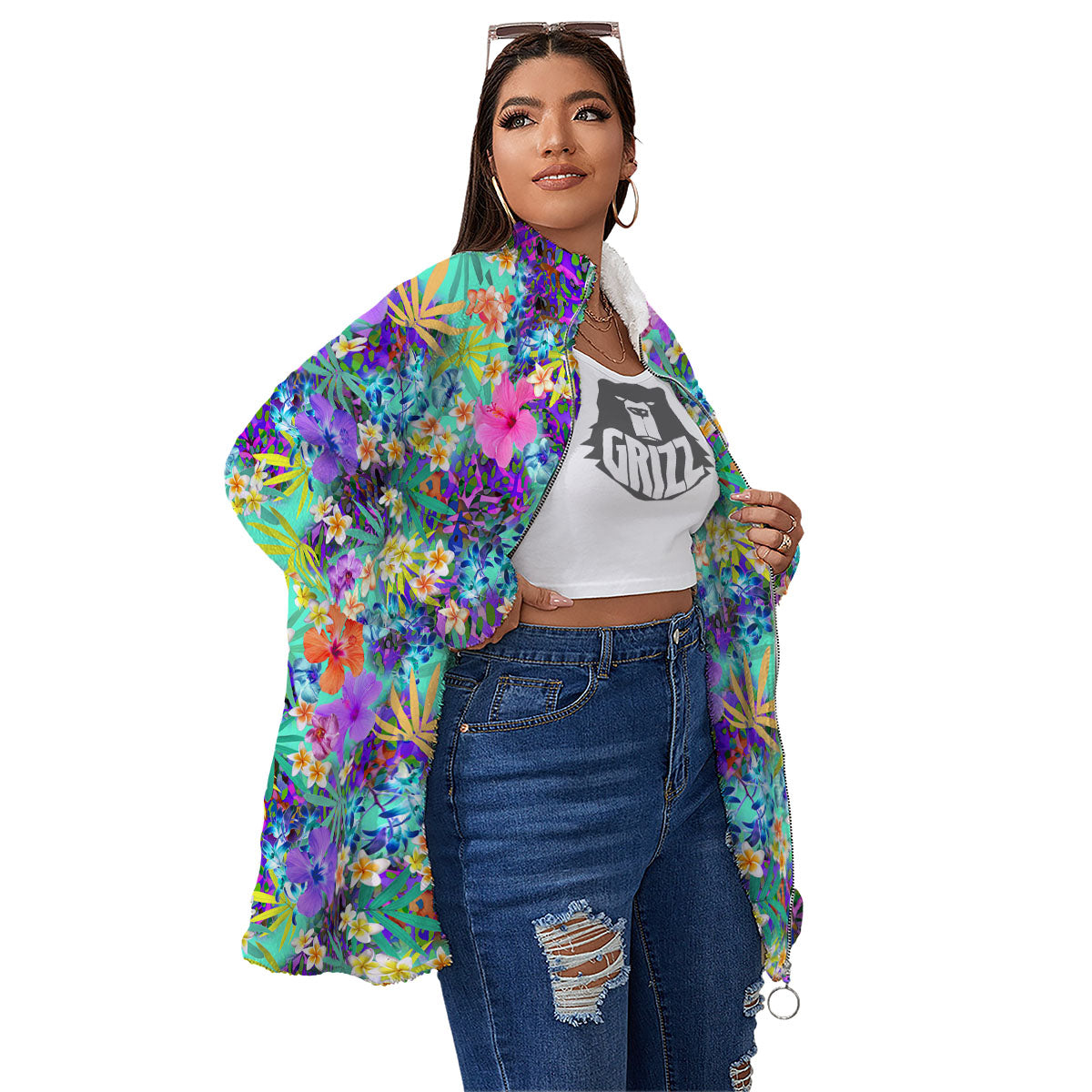 Tropical Neon Hibiscus Print Pattern Women's Sherpa Jacket-grizzshop