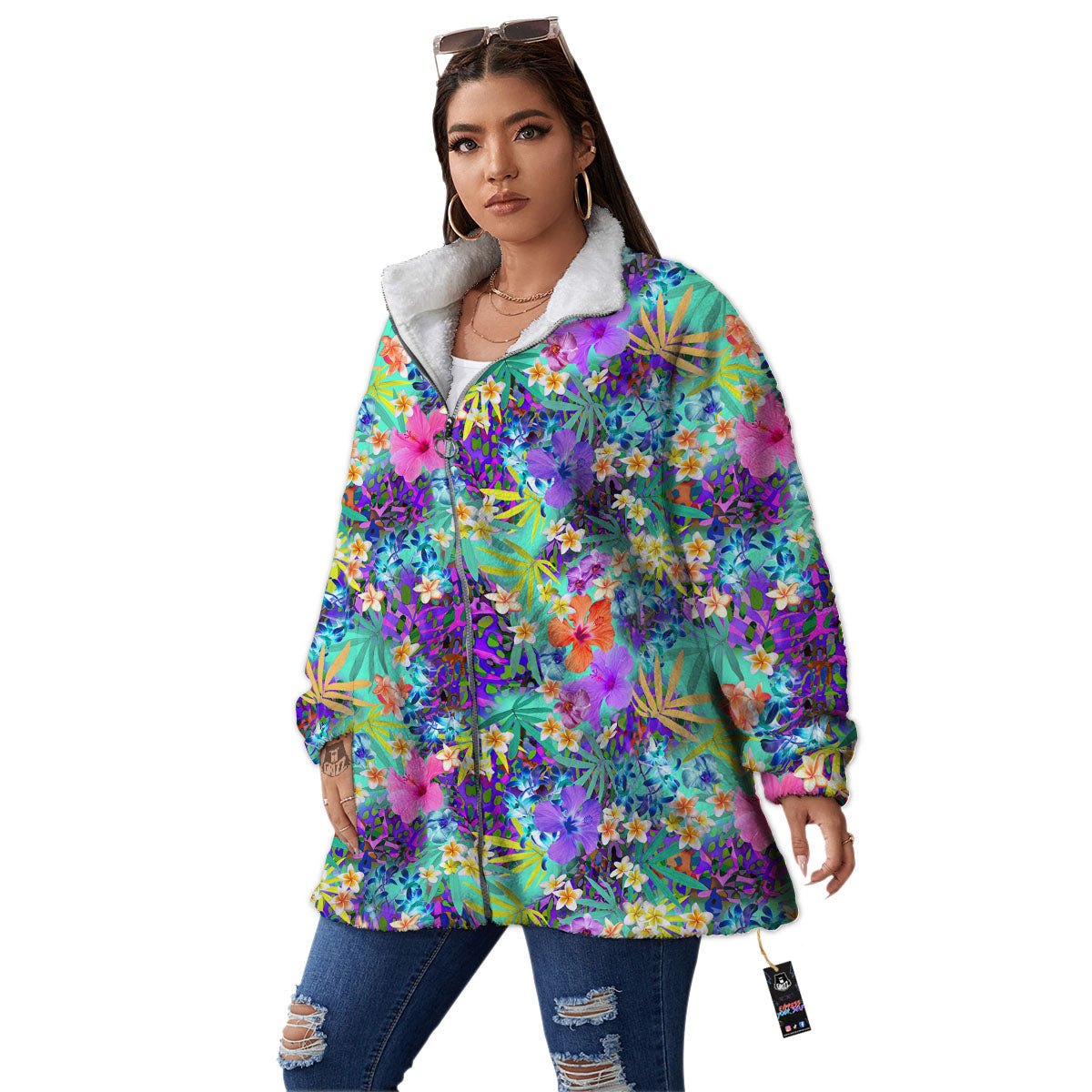 Tropical Neon Hibiscus Print Pattern Women's Sherpa Jacket-grizzshop
