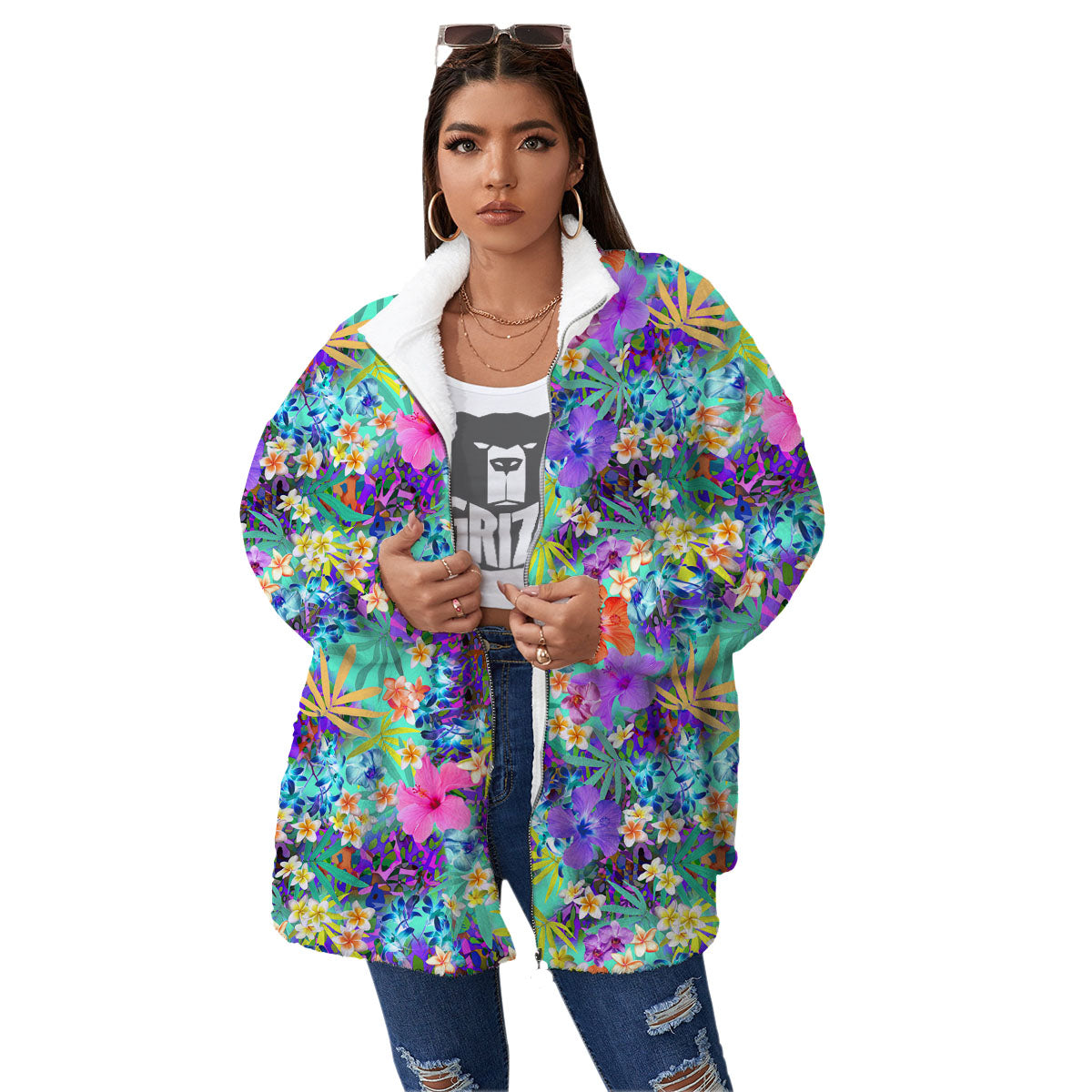 Tropical Neon Hibiscus Print Pattern Women's Sherpa Jacket-grizzshop