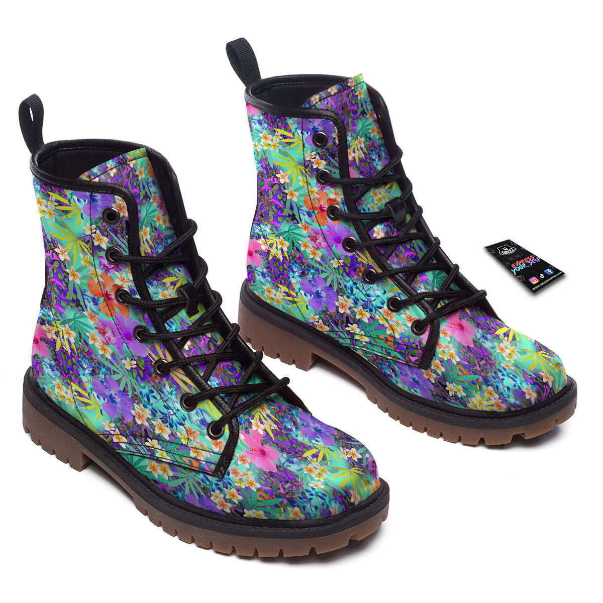Tropical Neon Hibiscus Print Pattern Work Boots-grizzshop
