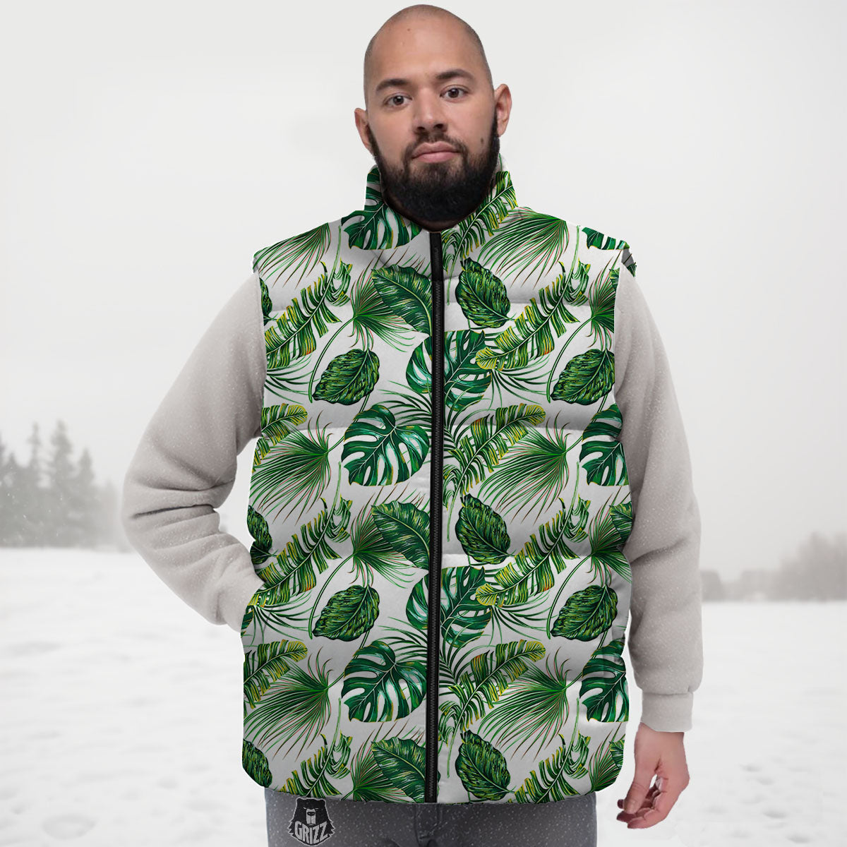 Tropical Palm Hawaiian Print Pattern Down Vest-grizzshop