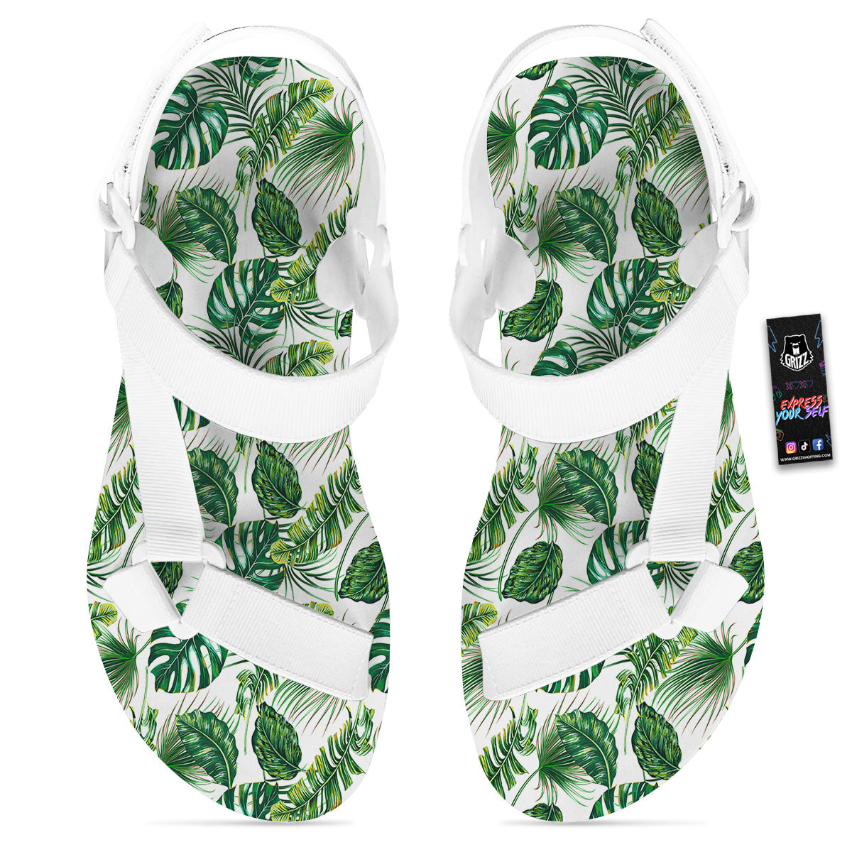 Tropical Palm Hawaiian Print Pattern White Open Toe Sandals-grizzshop