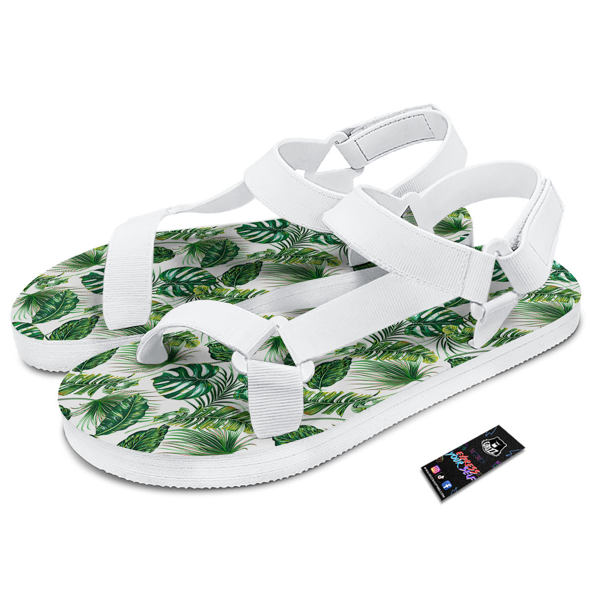 Tropical Palm Hawaiian Print Pattern White Open Toe Sandals-grizzshop