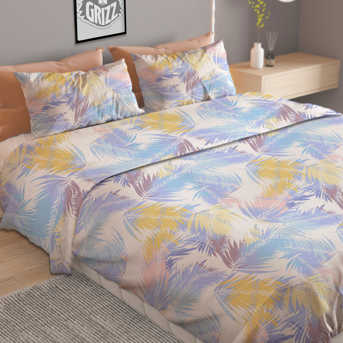 Tropical Palm Leaf Pastel Print Pattern Duvet Cover Bedding Set