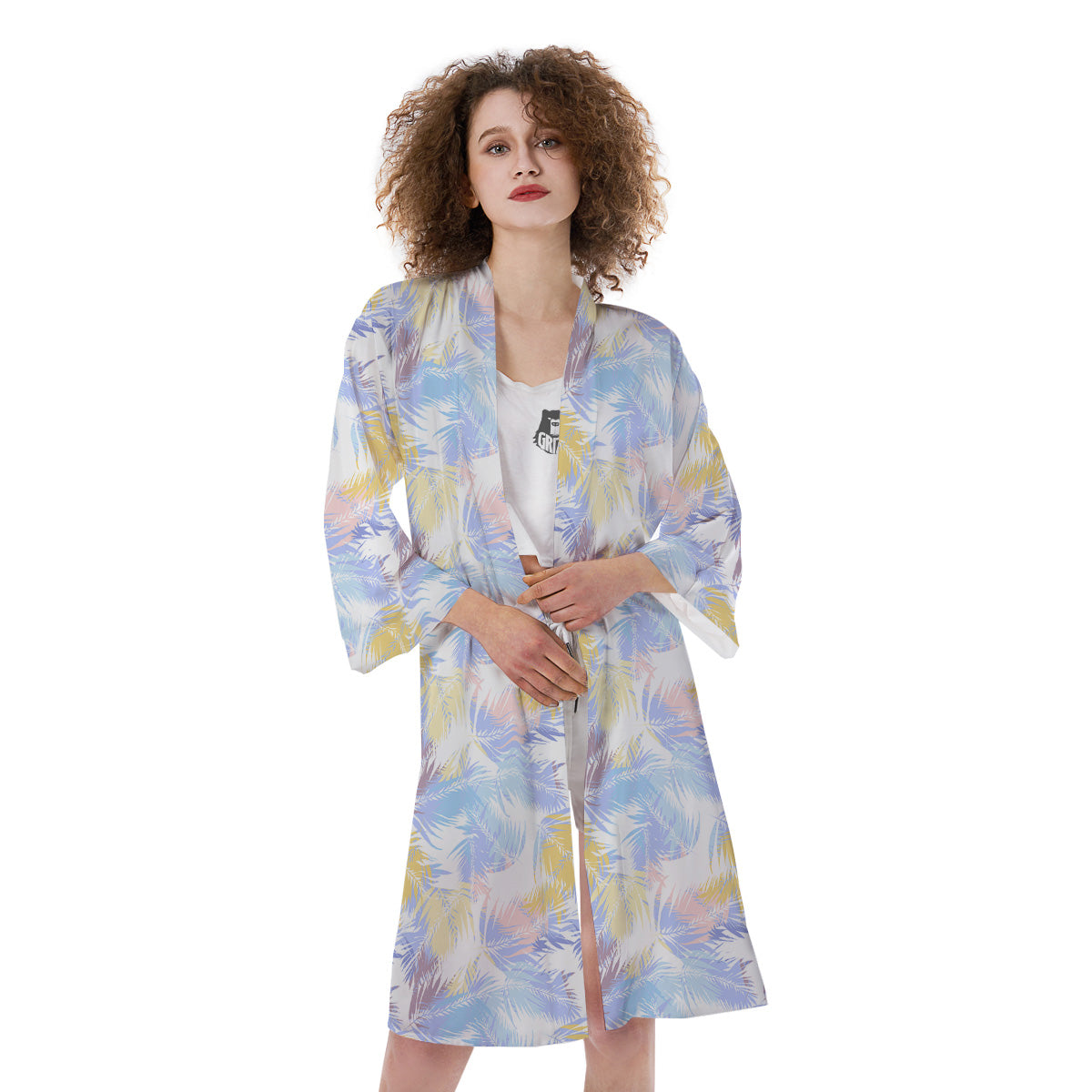 Tropical Palm Leaf Pastel Print Pattern Kimono-grizzshop