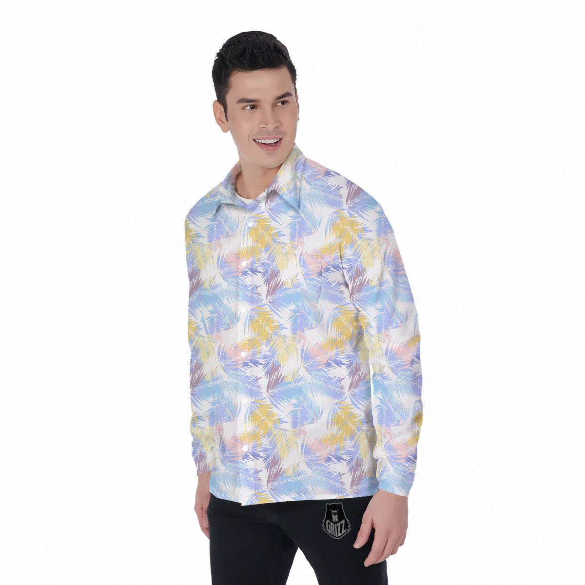 Tropical Palm Leaf Pastel Print Pattern Men's Long Sleeve Shirts-grizzshop
