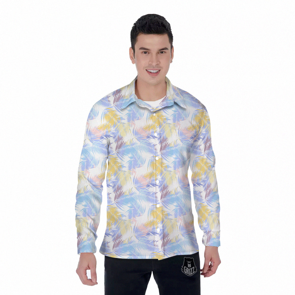 Tropical Palm Leaf Pastel Print Pattern Men's Long Sleeve Shirts-grizzshop