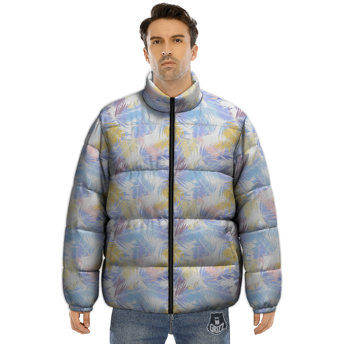 Tropical Palm Leaf Pastel Print Pattern Puffer Jacket-grizzshop