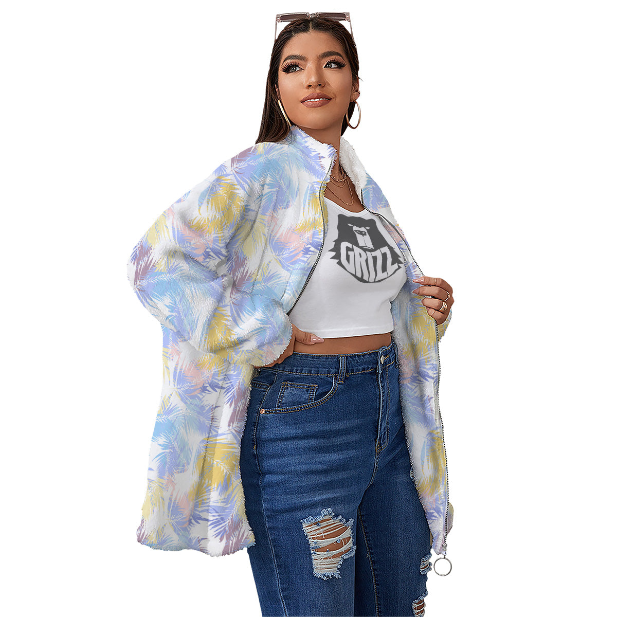 Tropical Palm Leaf Pastel Print Pattern Women's Sherpa Jacket-grizzshop