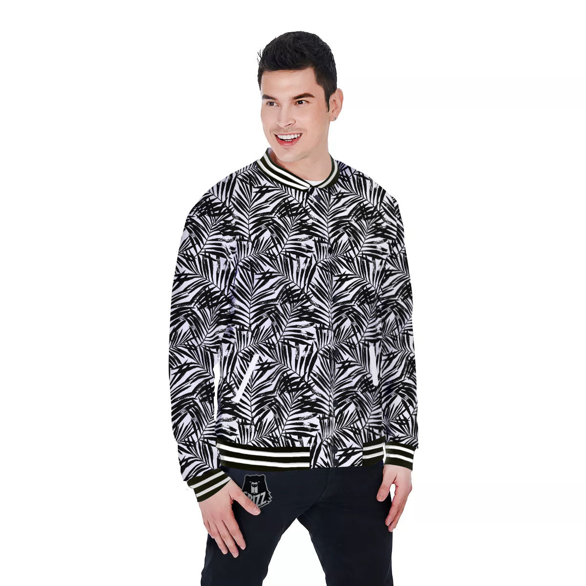 Tropical Palm Leaf White And Black Print Baseball Jacket-grizzshop