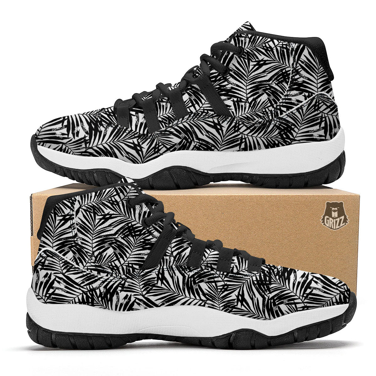 Tropical Palm Leaf White And Black Print Black Bball Shoes-grizzshop
