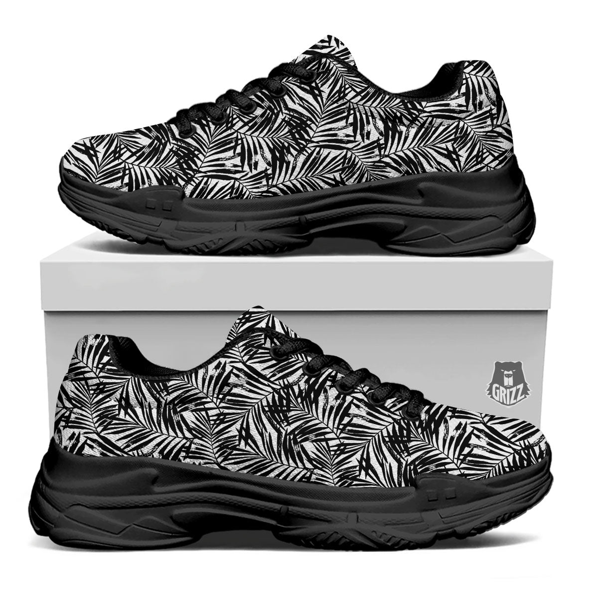 Tropical Palm Leaf White And Black Print Black Chunky Shoes-grizzshop
