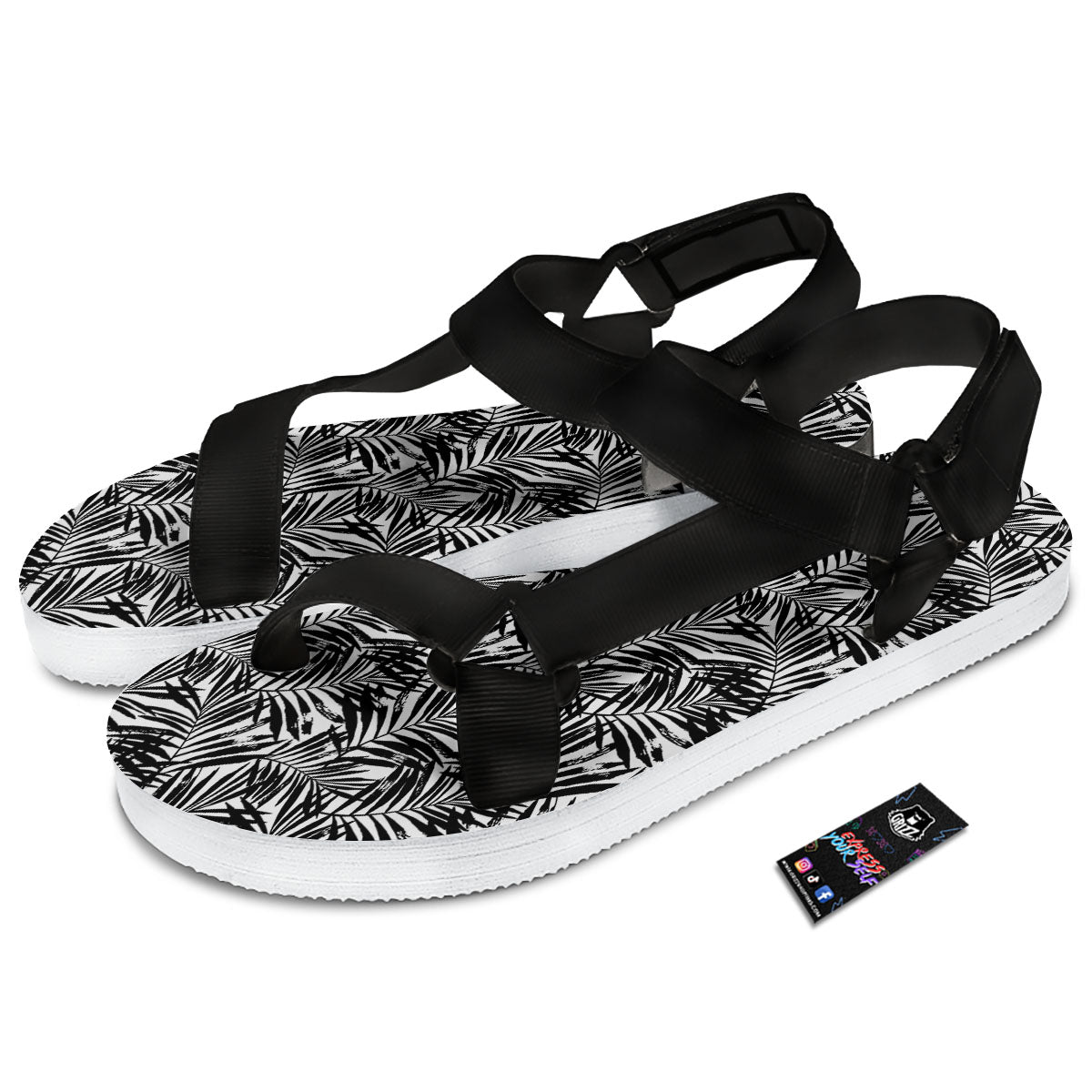 Tropical Palm Leaf White And Black Print Black Open Toe Sandals-grizzshop