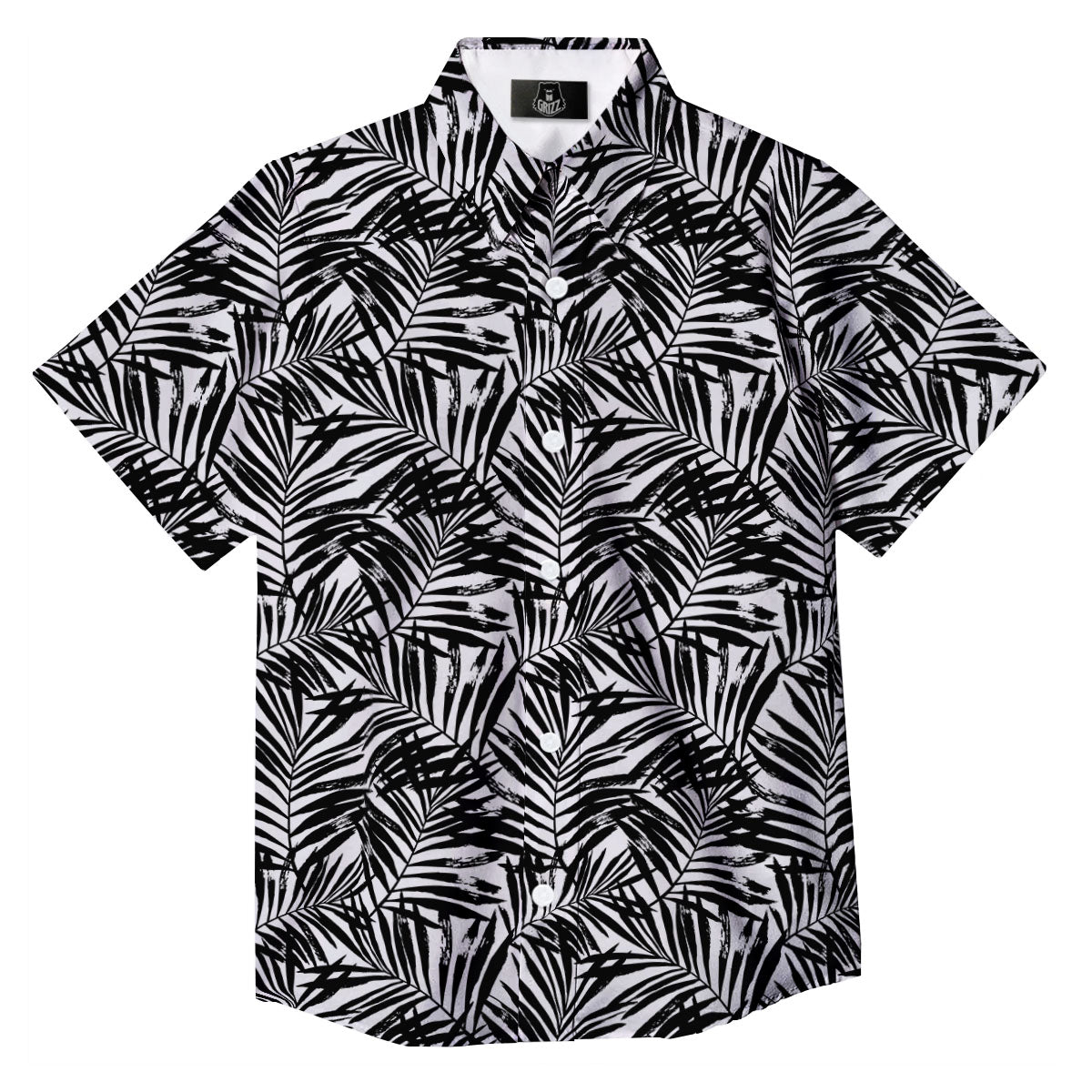 Tropical Palm Leaf White And Black Print Button Up Shirt-grizzshop
